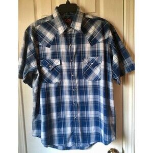 Men's  Plains Western Wear Button Down Short Sleeve Shirt Large Blue Check
